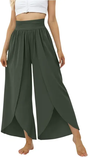 Women Flowy Split Wide Leg Pants High Waisted Yoga Pants Baggy Hippie Pilates Pants Boho Beach Plus Size Palazzo Pants