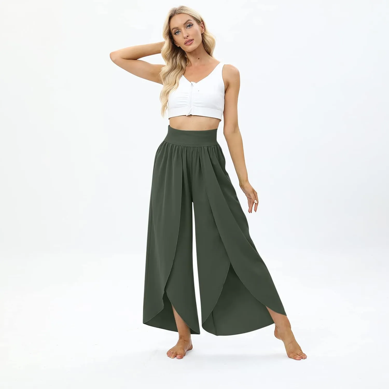Women Flowy Split Wide Leg Pants High Waisted Yoga Pants Baggy Hippie Pilates Pants Boho Beach Plus Size Palazzo Pants