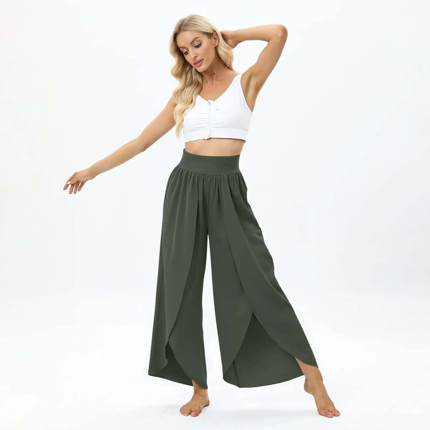 Women Flowy Split Wide Leg Pants High Waisted Yoga Pants Baggy Hippie Pilates Pants Boho Beach Plus Size Palazzo Pants