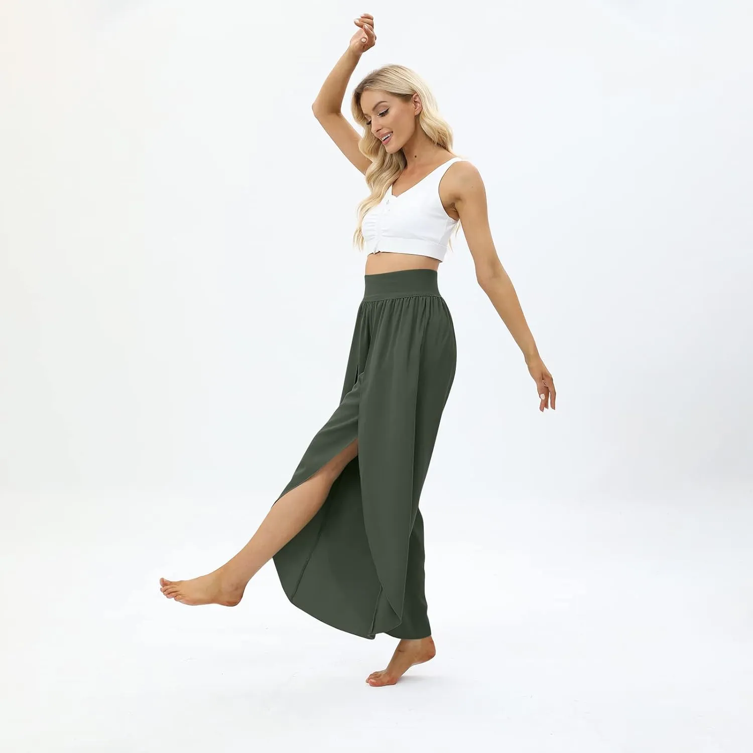 Women Flowy Split Wide Leg Pants High Waisted Yoga Pants Baggy Hippie Pilates Pants Boho Beach Plus Size Palazzo Pants