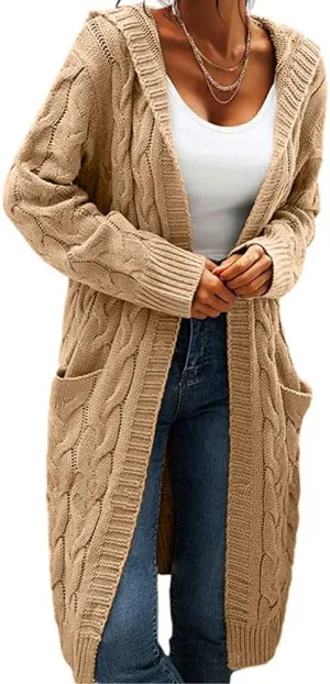 Women Hooded Open Front Cardigan Cable Knit Sweaters Solid Color Chunky Long Sweater Coats