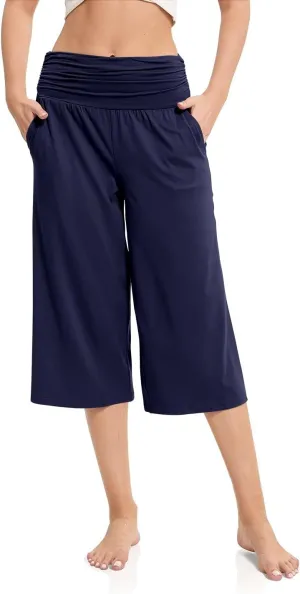 Women's Capri Pants Elastic Waist Wide Leg Loose Pants Cropped Trousers with Pockets Summer Casual Yoga Sweatpants