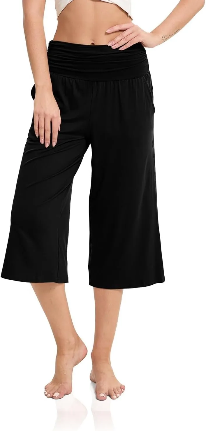 Women's Capri Pants Elastic Waist Wide Leg Loose Pants Cropped Trousers with Pockets Summer Casual Yoga Sweatpants