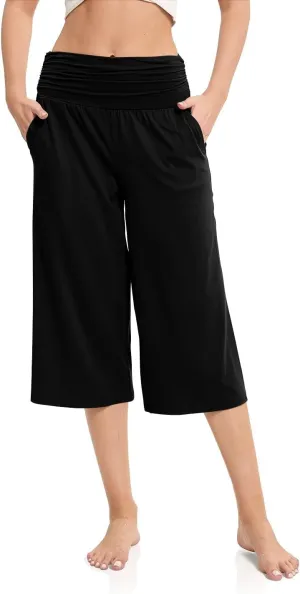 Women's Capri Pants Elastic Waist Wide Leg Loose Pants Cropped Trousers with Pockets Summer Casual Yoga Sweatpants