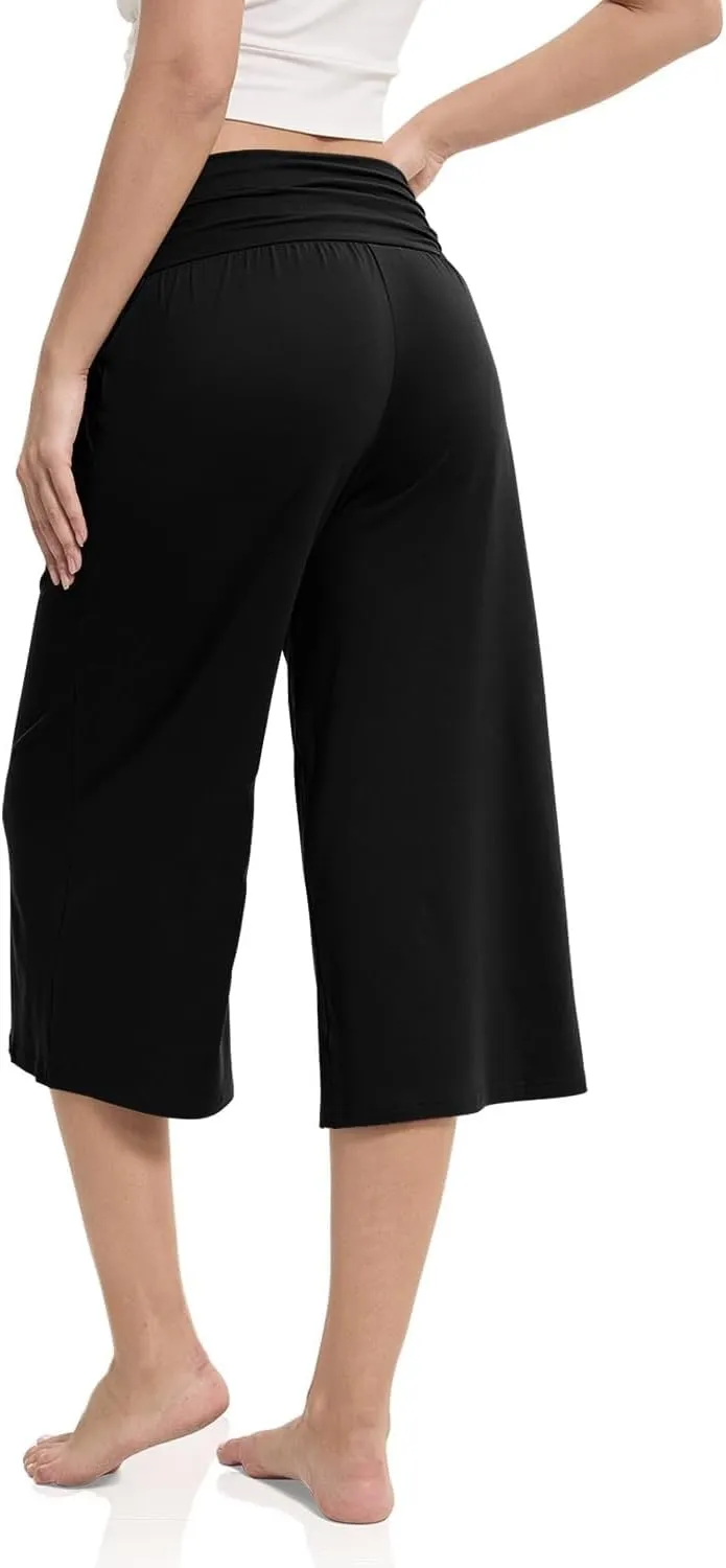 Women's Capri Pants Elastic Waist Wide Leg Loose Pants Cropped Trousers with Pockets Summer Casual Yoga Sweatpants