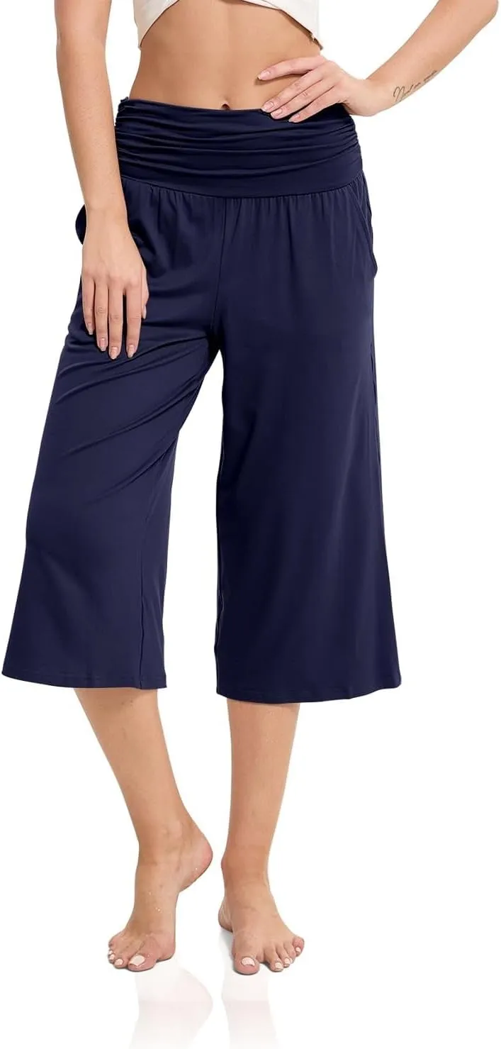 Women's Capri Pants Elastic Waist Wide Leg Loose Pants Cropped Trousers with Pockets Summer Casual Yoga Sweatpants
