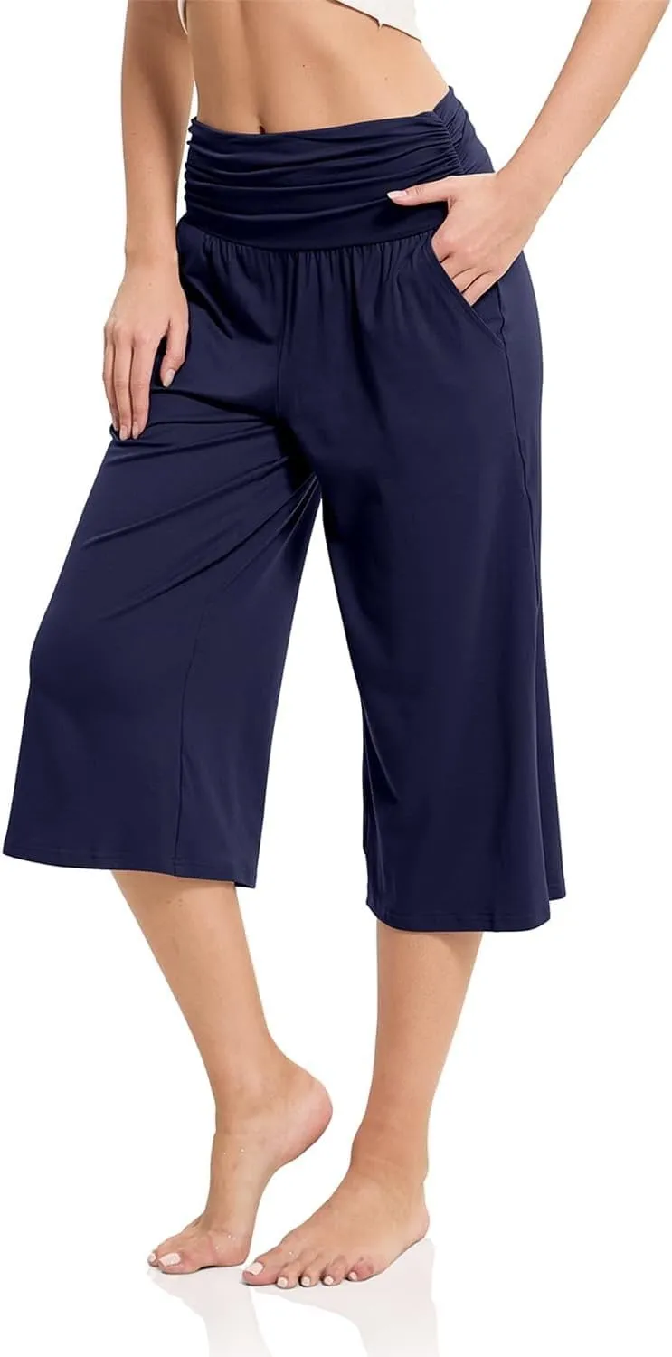 Women's Capri Pants Elastic Waist Wide Leg Loose Pants Cropped Trousers with Pockets Summer Casual Yoga Sweatpants