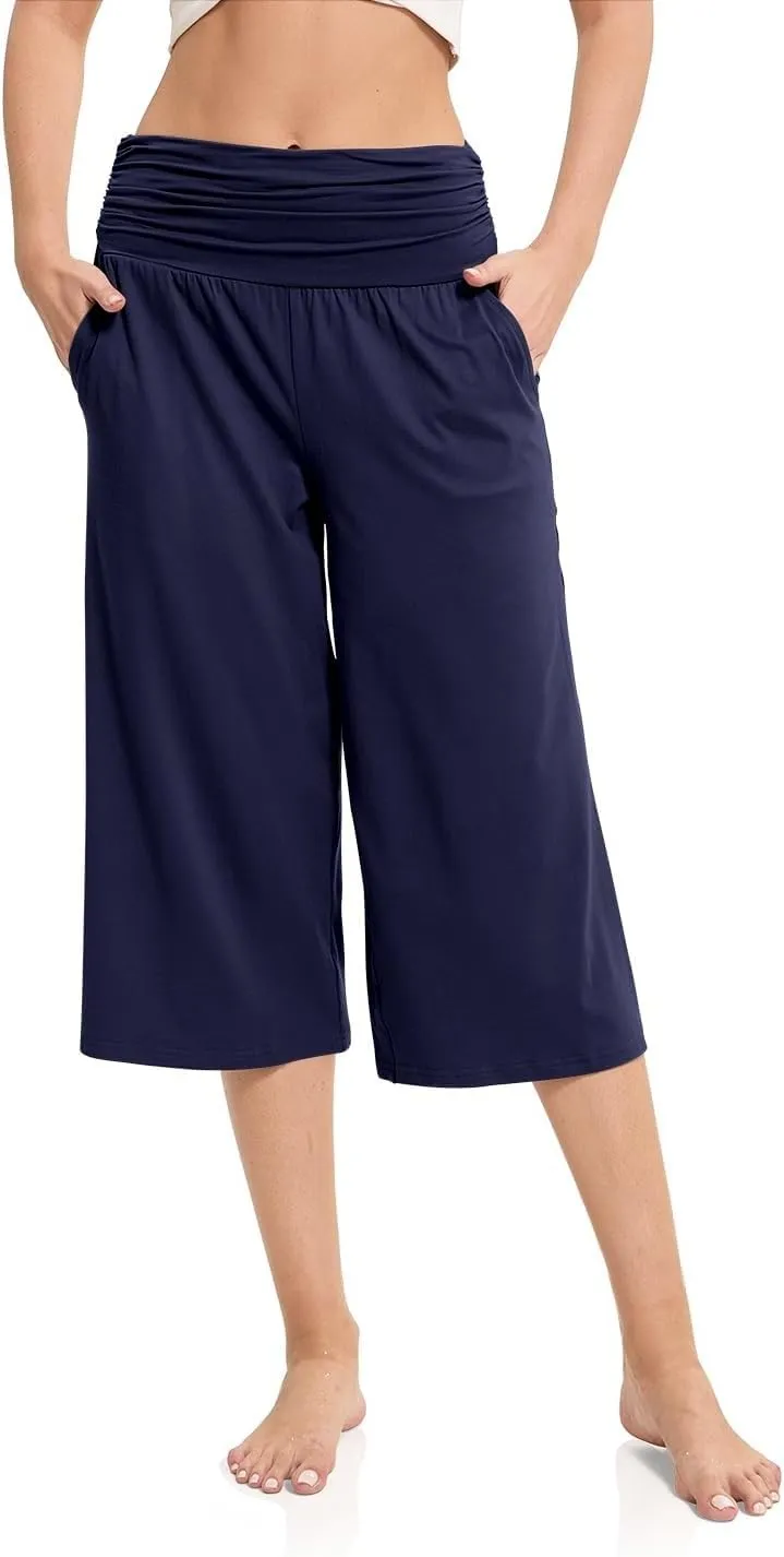 Women's Capri Pants Elastic Waist Wide Leg Loose Pants Cropped Trousers with Pockets Summer Casual Yoga Sweatpants