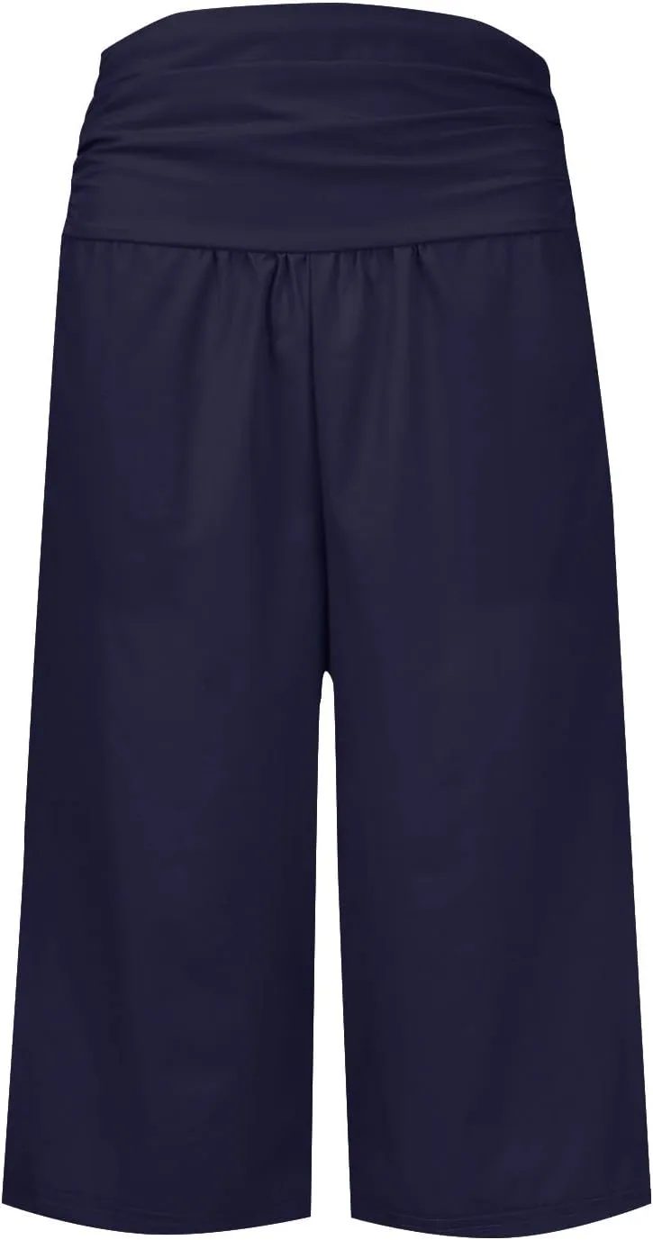Women's Capri Pants Elastic Waist Wide Leg Loose Pants Cropped Trousers with Pockets Summer Casual Yoga Sweatpants