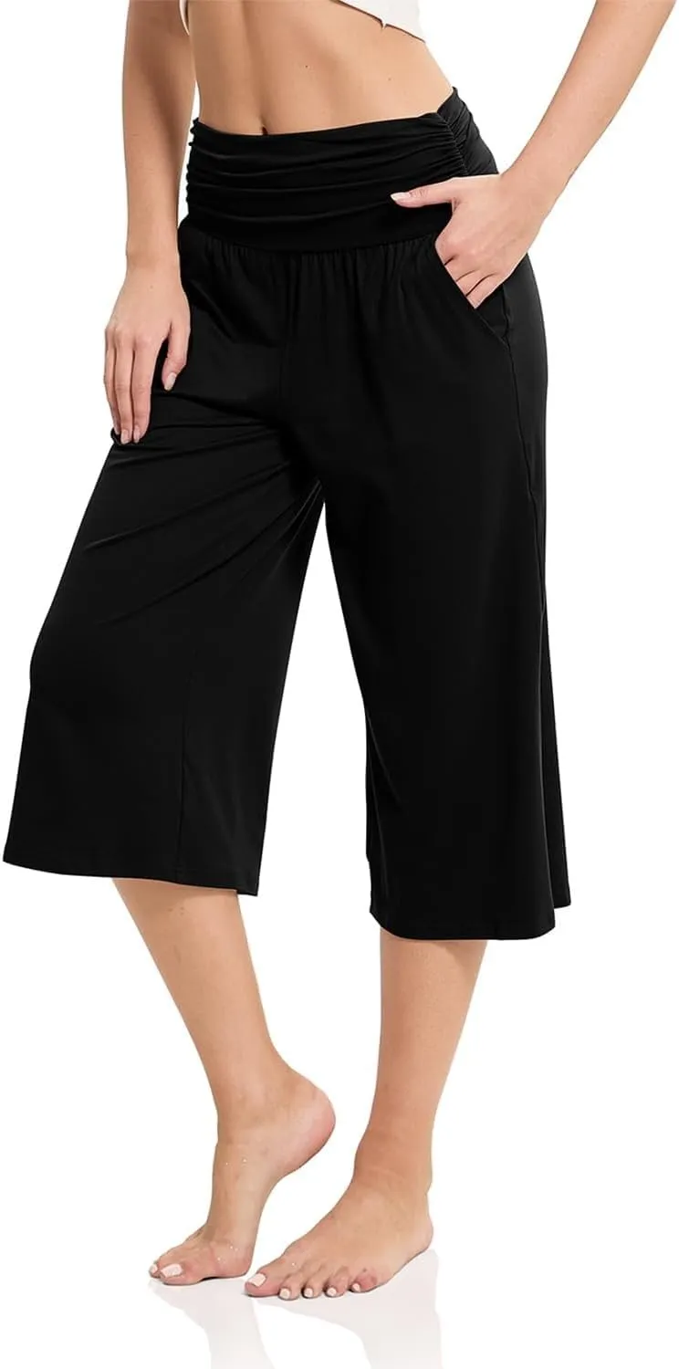 Women's Capri Pants Elastic Waist Wide Leg Loose Pants Cropped Trousers with Pockets Summer Casual Yoga Sweatpants
