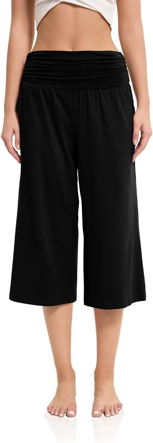 Women's Capri Pants Elastic Waist Wide Leg Loose Pants Cropped Trousers with Pockets Summer Casual Yoga Sweatpants