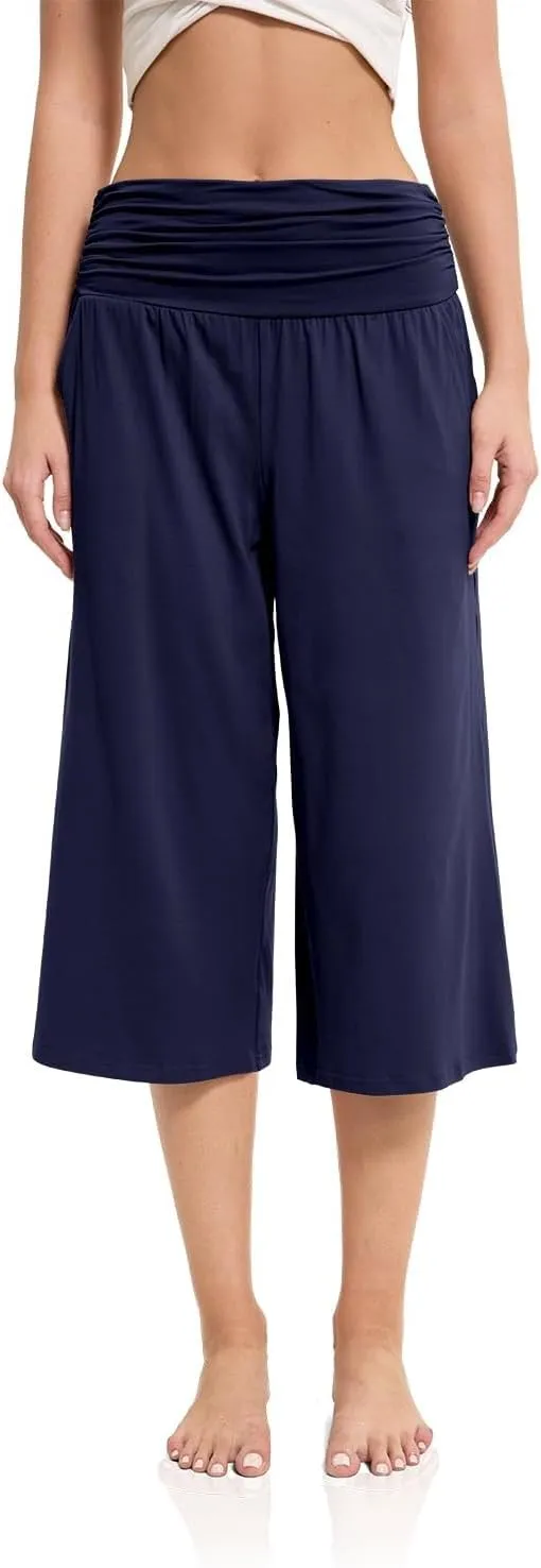 Women's Capri Pants Elastic Waist Wide Leg Loose Pants Cropped Trousers with Pockets Summer Casual Yoga Sweatpants