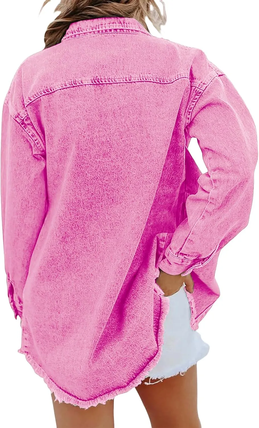 Womens Denim Jacket Oversized Button Down Frayed Hem Shacket Long Sleeve Lapel Shirt Casual Boyfriend Jacket