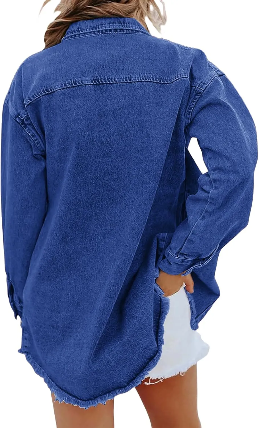 Womens Denim Jacket Oversized Button Down Frayed Hem Shacket Long Sleeve Lapel Shirt Casual Boyfriend Jacket