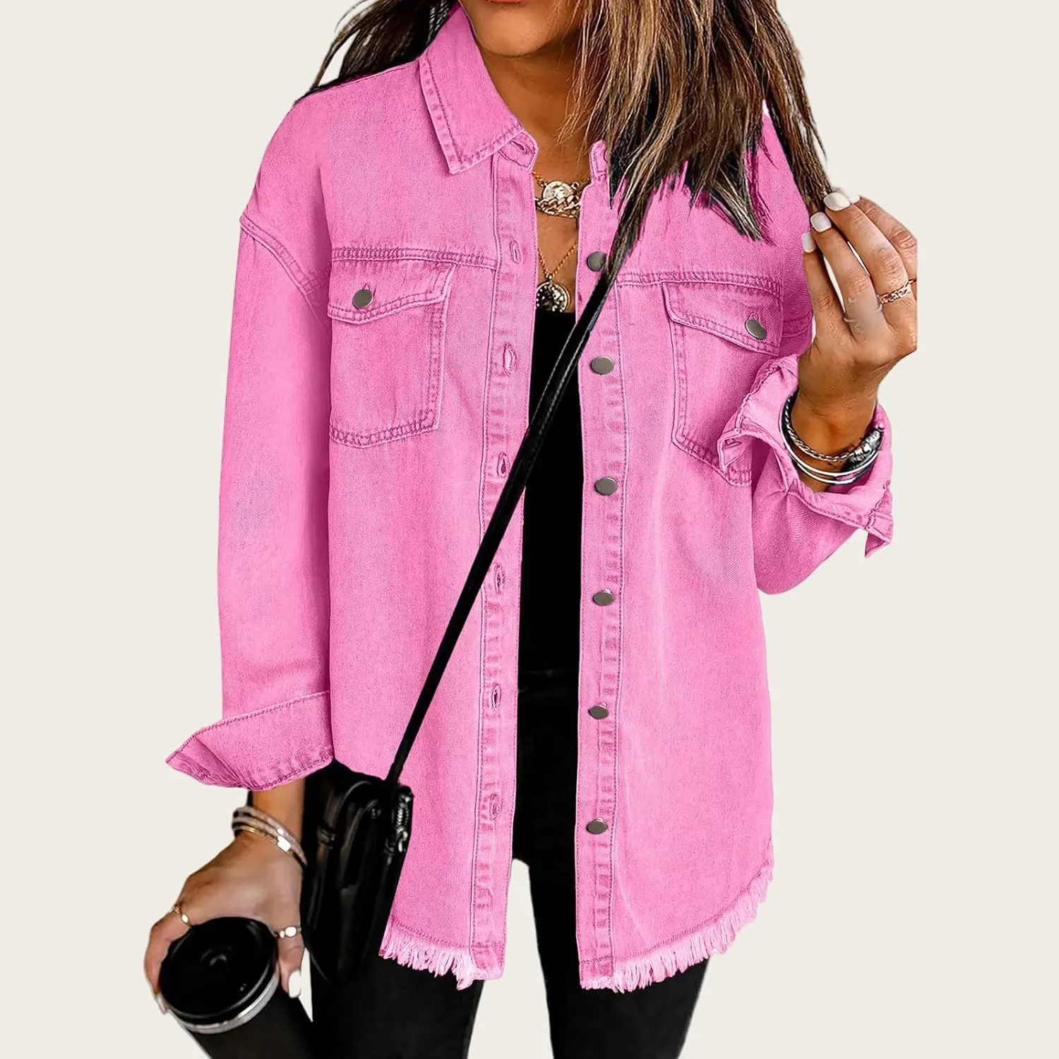 Womens Denim Jacket Oversized Button Down Frayed Hem Shacket Long Sleeve Lapel Shirt Casual Boyfriend Jacket