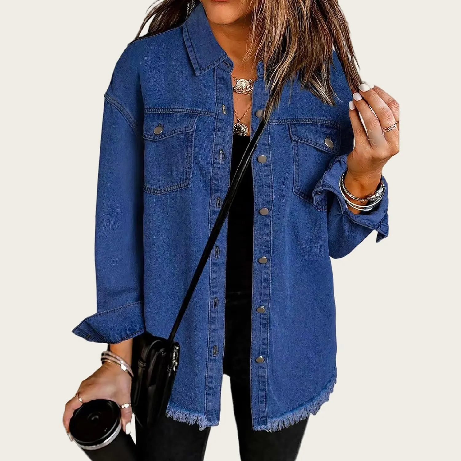 Womens Denim Jacket Oversized Button Down Frayed Hem Shacket Long Sleeve Lapel Shirt Casual Boyfriend Jacket