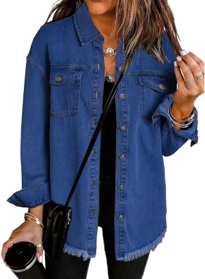 Womens Denim Jacket Oversized Button Down Frayed Hem Shacket Long Sleeve Lapel Shirt Casual Boyfriend Jacket