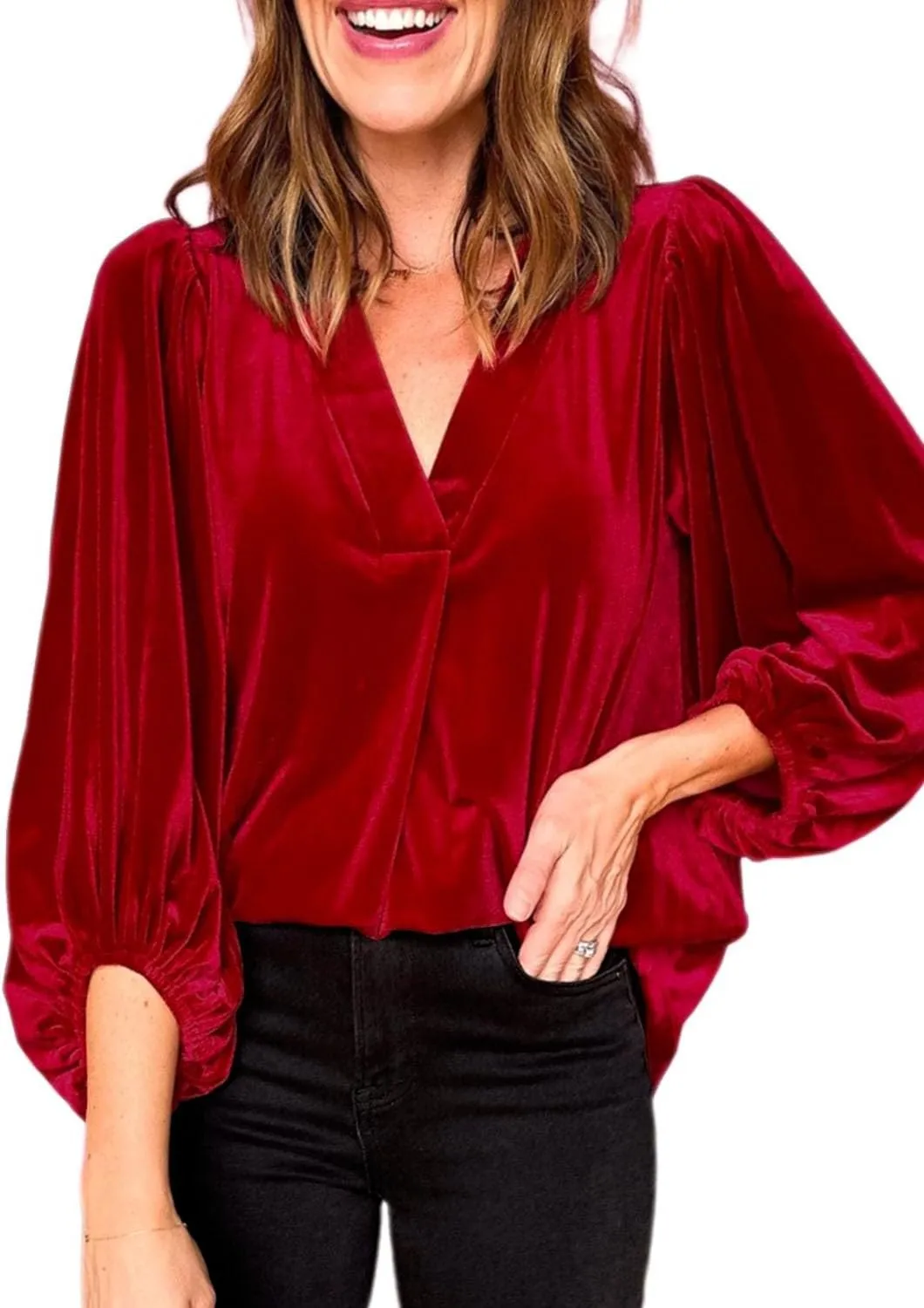 Womens Velvet Tops V Neck 3/4 Puff Sleeve Fall Winter Trendy Dressy Casual Loose Christmas Party Holiday Tunic Shirts