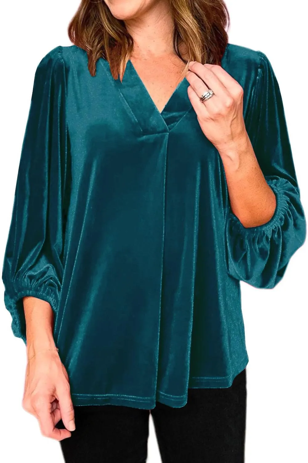 Womens Velvet Tops V Neck 3/4 Puff Sleeve Fall Winter Trendy Dressy Casual Loose Christmas Party Holiday Tunic Shirts