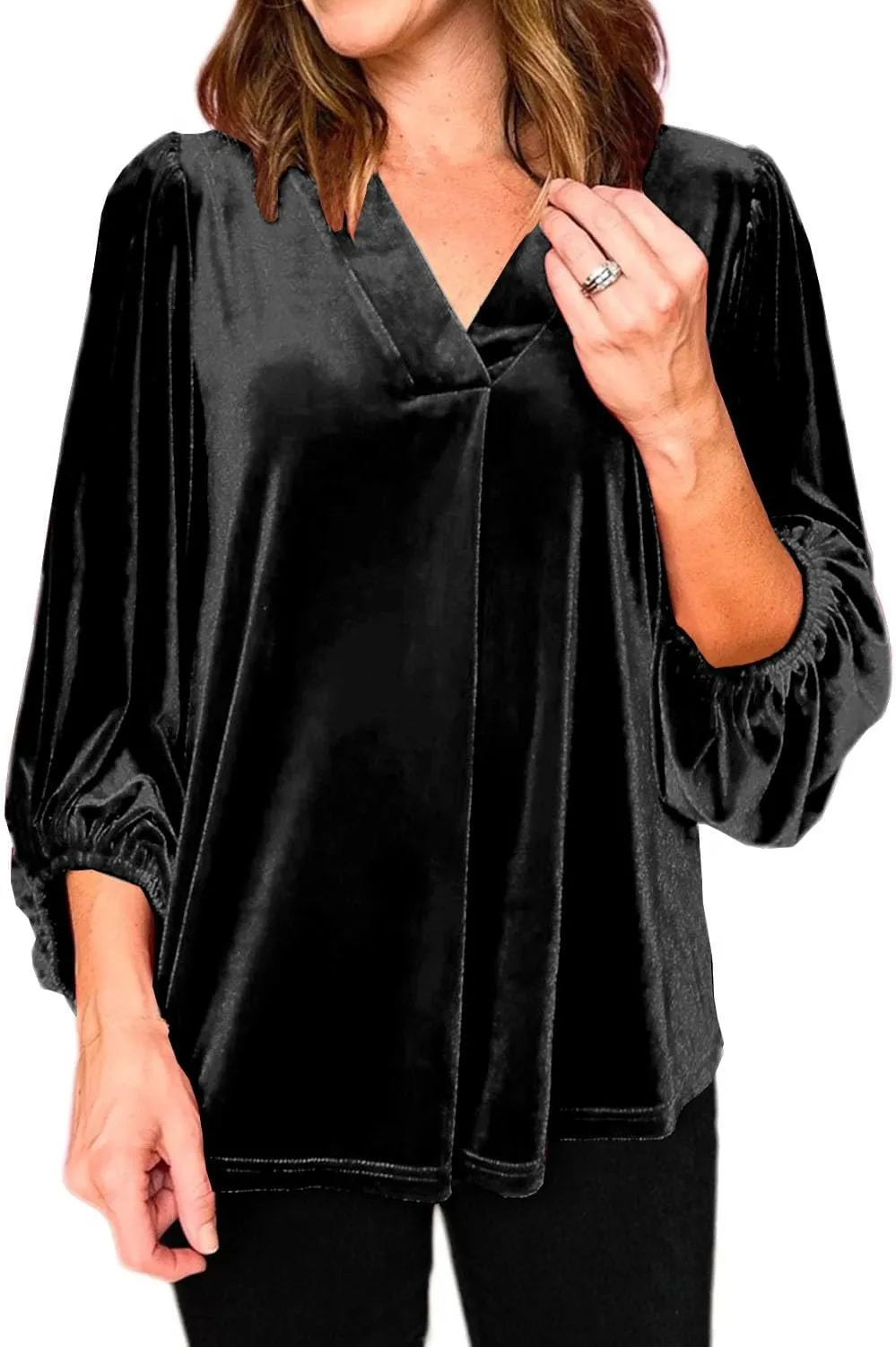 Womens Velvet Tops V Neck 3/4 Puff Sleeve Fall Winter Trendy Dressy Casual Loose Christmas Party Holiday Tunic Shirts