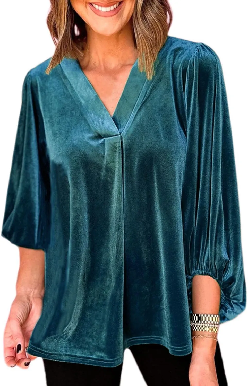 Womens Velvet Tops V Neck 3/4 Puff Sleeve Fall Winter Trendy Dressy Casual Loose Christmas Party Holiday Tunic Shirts