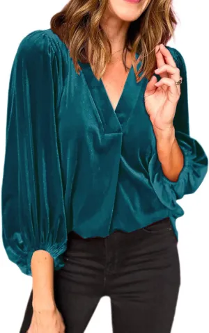 Womens Velvet Tops V Neck 3/4 Puff Sleeve Fall Winter Trendy Dressy Casual Loose Christmas Party Holiday Tunic Shirts