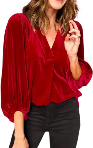 Womens Velvet Tops V Neck 3/4 Puff Sleeve Fall Winter Trendy Dressy Casual Loose Christmas Party Holiday Tunic Shirts