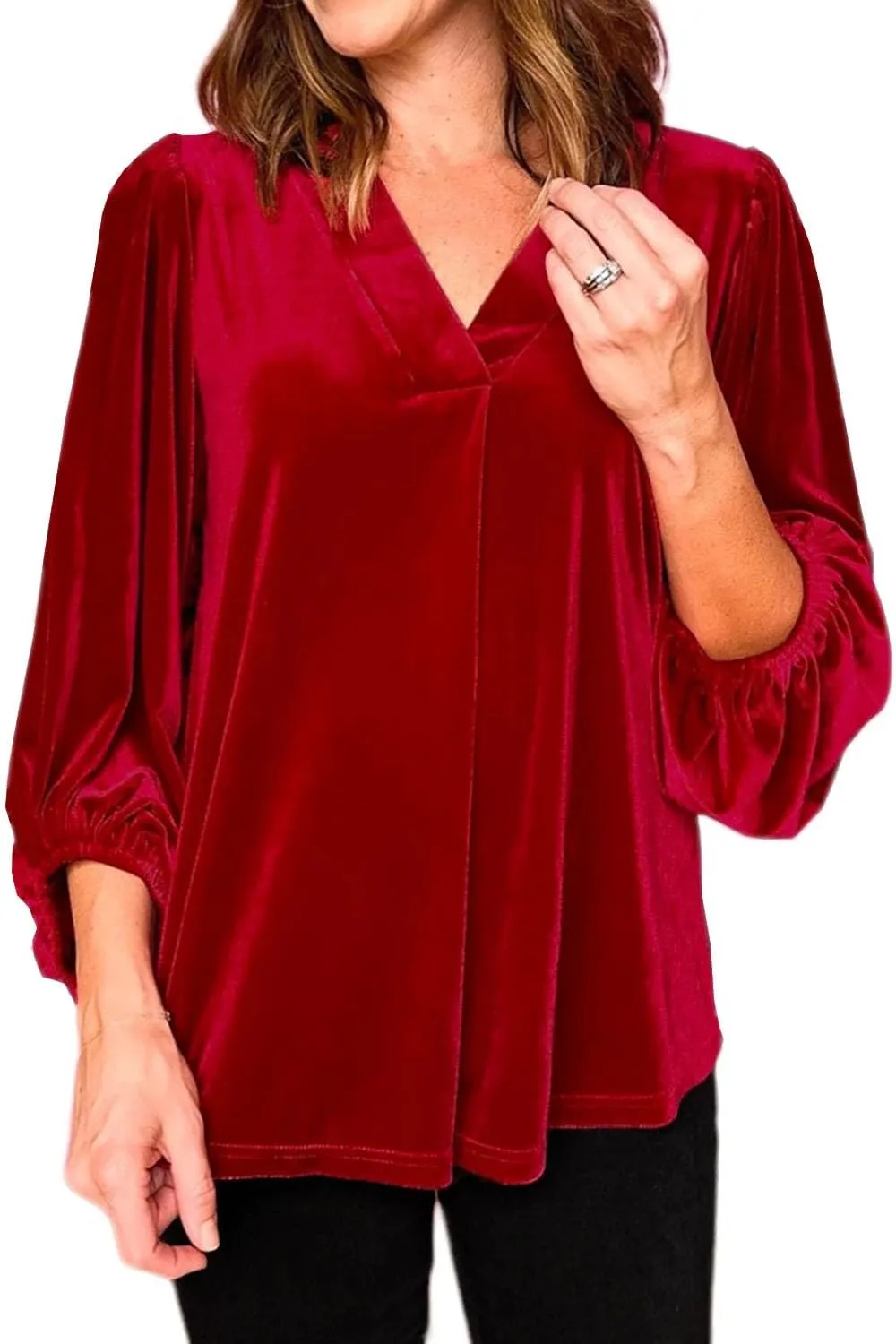 Womens Velvet Tops V Neck 3/4 Puff Sleeve Fall Winter Trendy Dressy Casual Loose Christmas Party Holiday Tunic Shirts