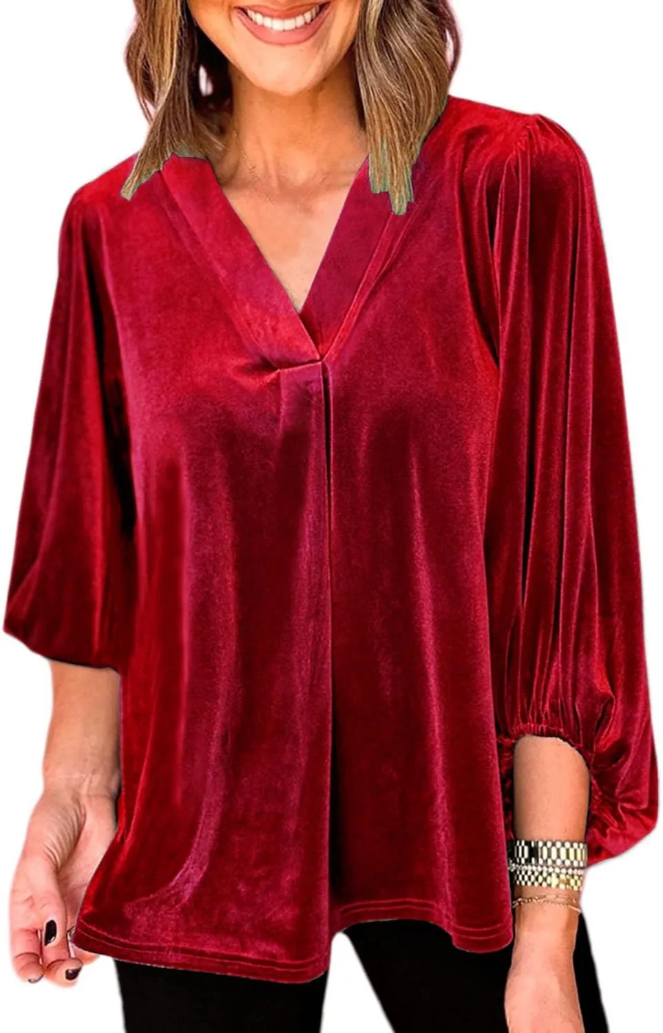 Womens Velvet Tops V Neck 3/4 Puff Sleeve Fall Winter Trendy Dressy Casual Loose Christmas Party Holiday Tunic Shirts