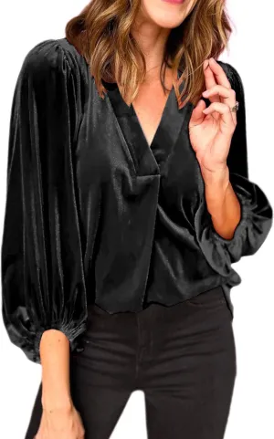 Womens Velvet Tops V Neck 3/4 Puff Sleeve Fall Winter Trendy Dressy Casual Loose Christmas Party Holiday Tunic Shirts